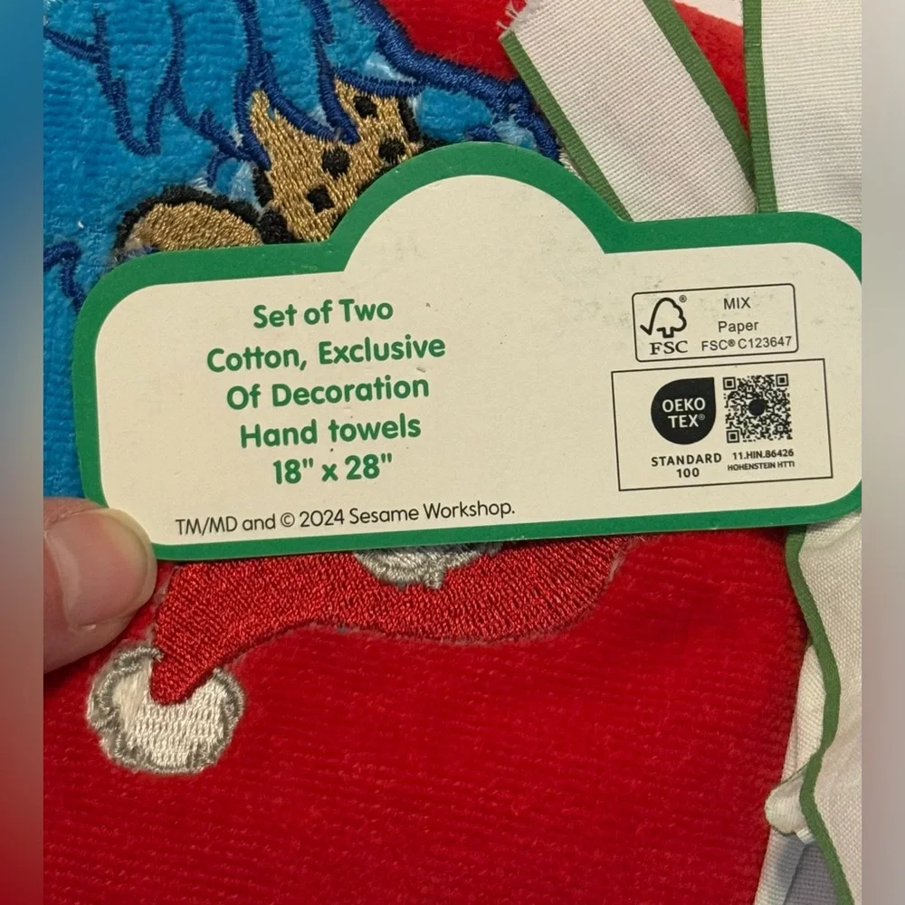 Sesame Street Set of 2 Christmas Cookie Monster Hand Towels 18x28 Inch Red - NWT